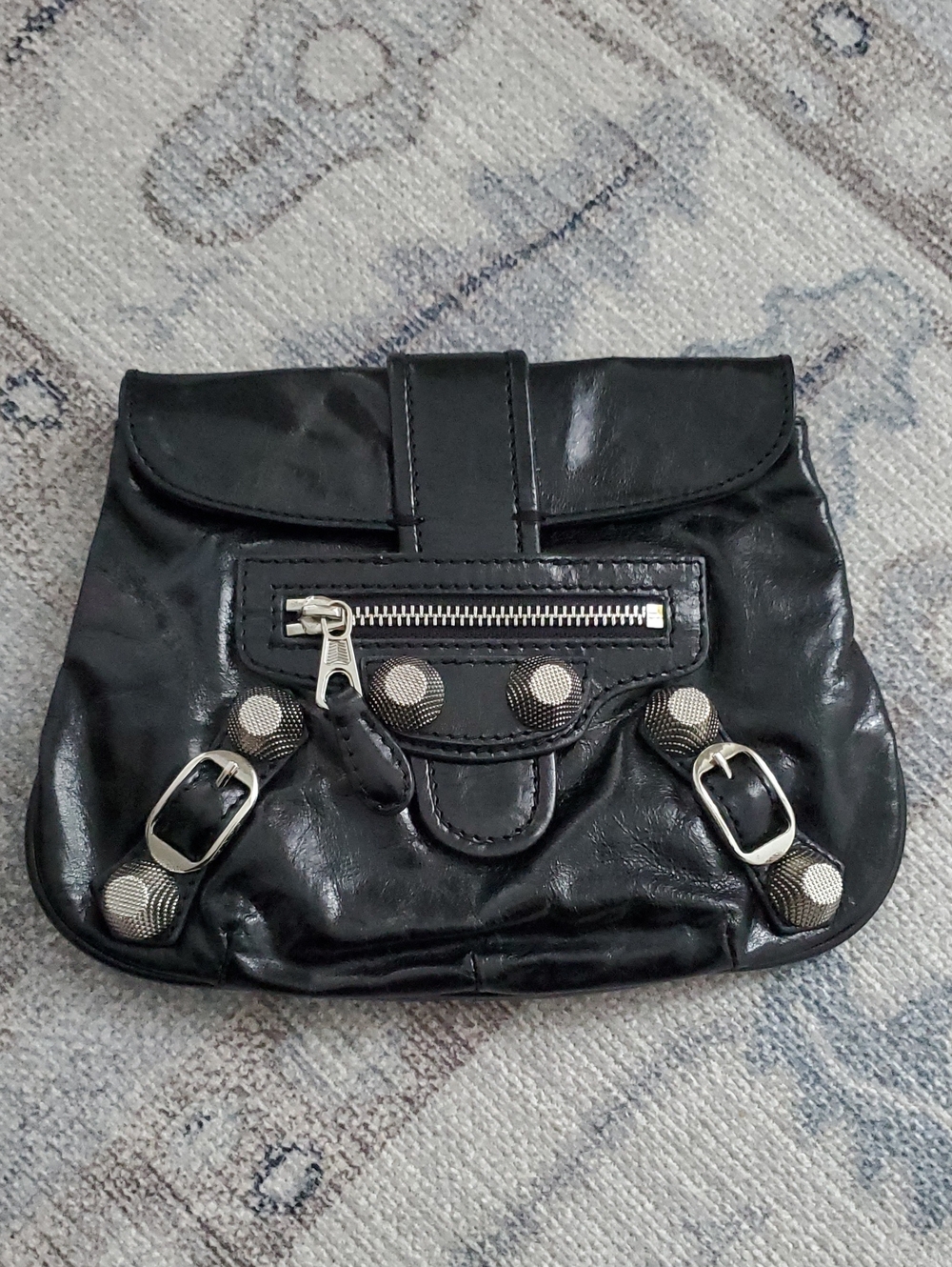 Balenciaga Shiny Black Leather and Silver Pouch Flap Clutch Bag With Mirror